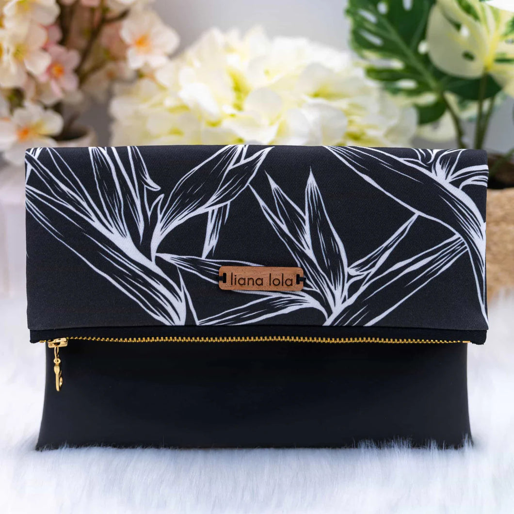Liana Lola Foldover Clutch - Bird of Paradise Line Art Black White