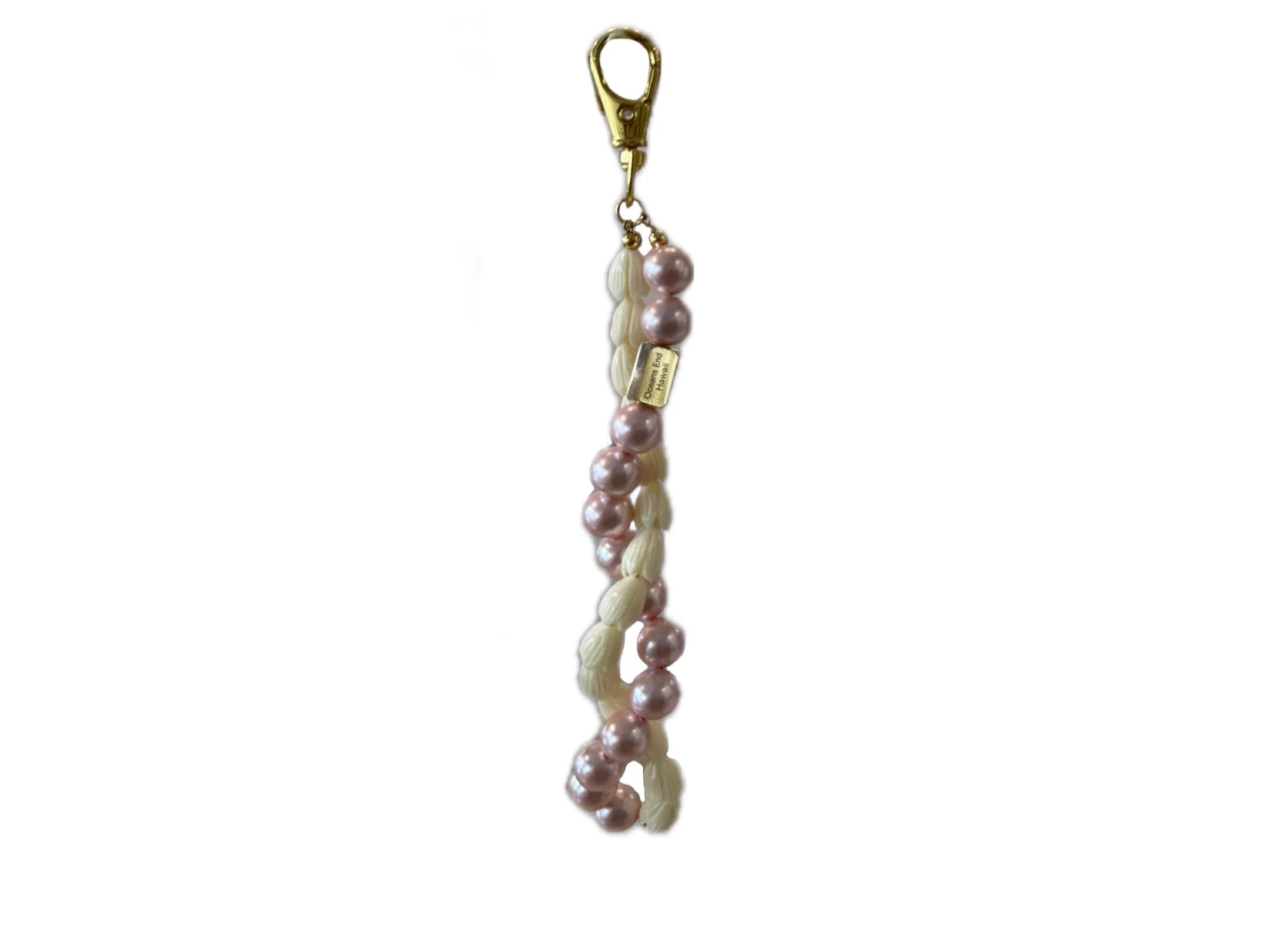 Oceans End Lei Pua Key Chain - Double Twist | Pikake & Faux Pink Edison Pearl