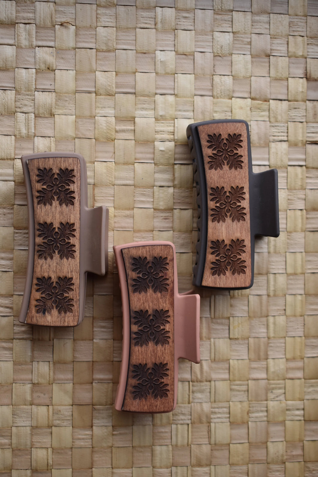 Revel Sun Hawaii Handmade Wood Engraved Hair Clip-Quilt